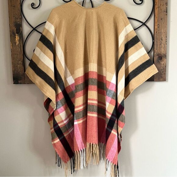 Woolrich Lagenlook Oversized Open Front Fringed Plaid Blanket Wrap Shawl Poncho - Picture 6 of 12
